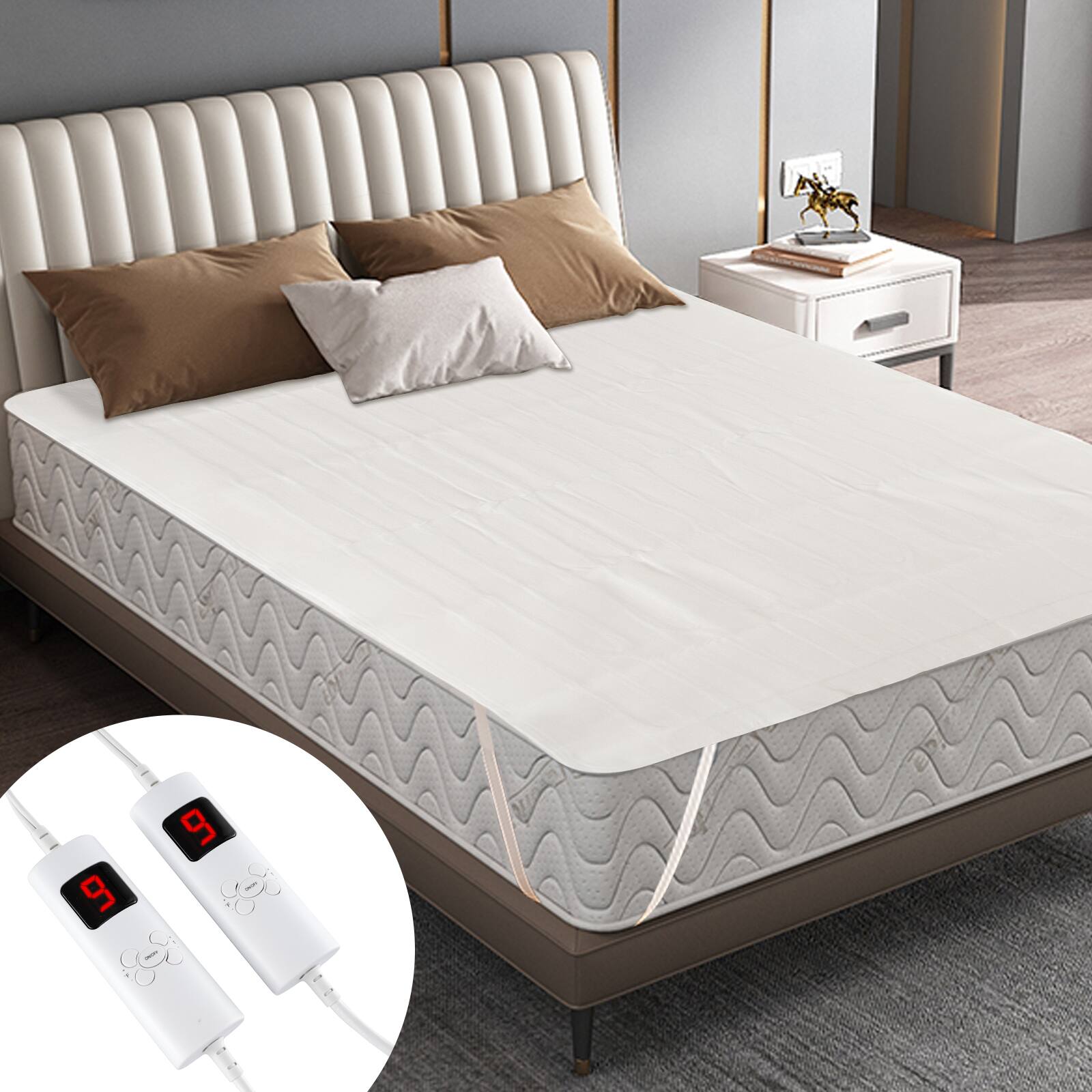 Back. SKONYON - Heated Mattress Pad with Multiple Size Options Dual Controllers and Soft Fabric Design - White.