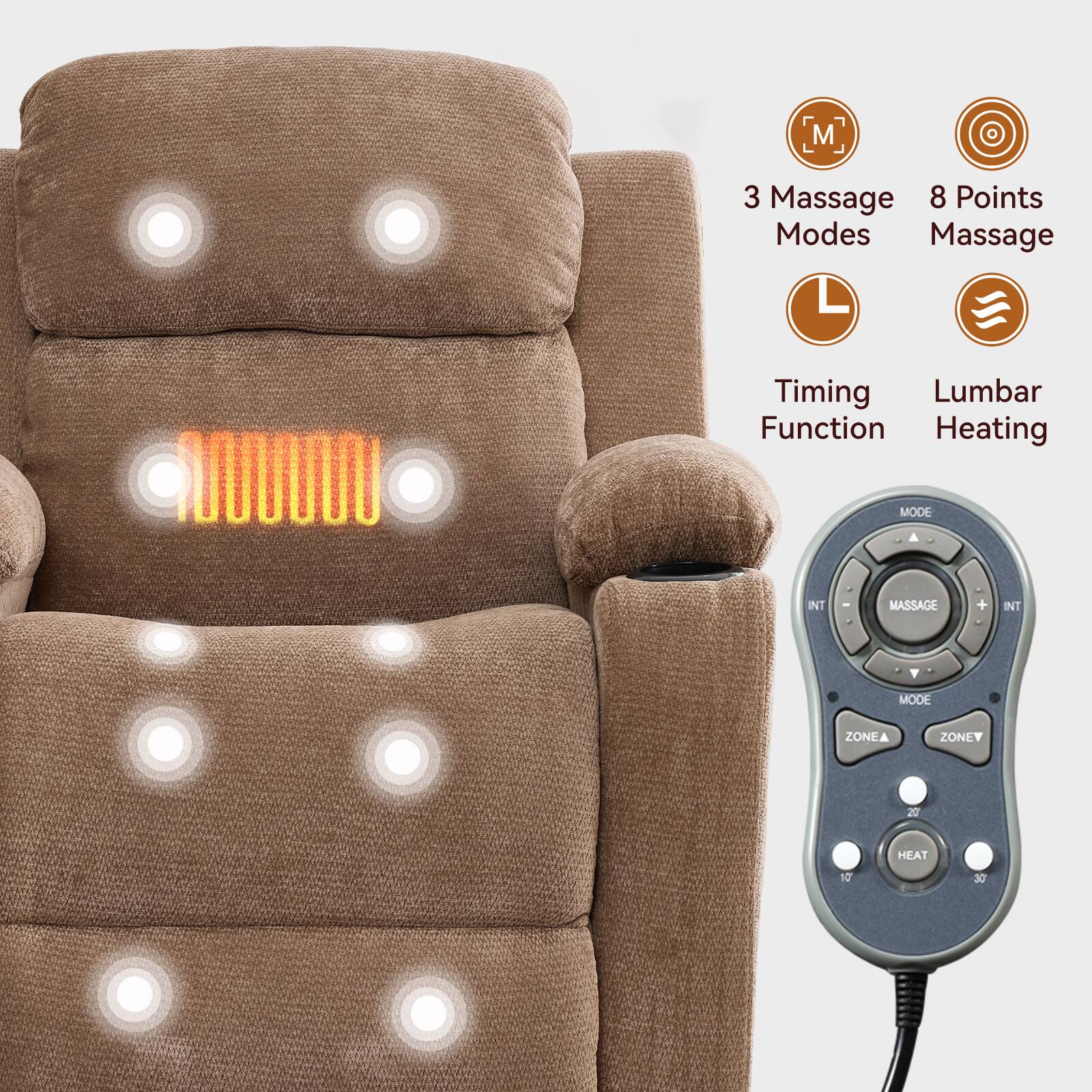 3 Massage Modes  
8 Points Massage  
Timing Function  
Lumbar Heating  

MODE  
MASSAGE  
INT  
ZONE A  
ZONE V  
HEAT  
20  
10  
30