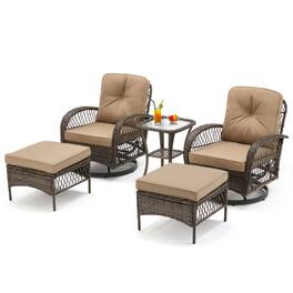 U-HOMY - 360° Swivel Rocking Patio Chairs with Cushions & Tempered Glass Table, Wicker Conversation Set, 5-Piece - Khaki