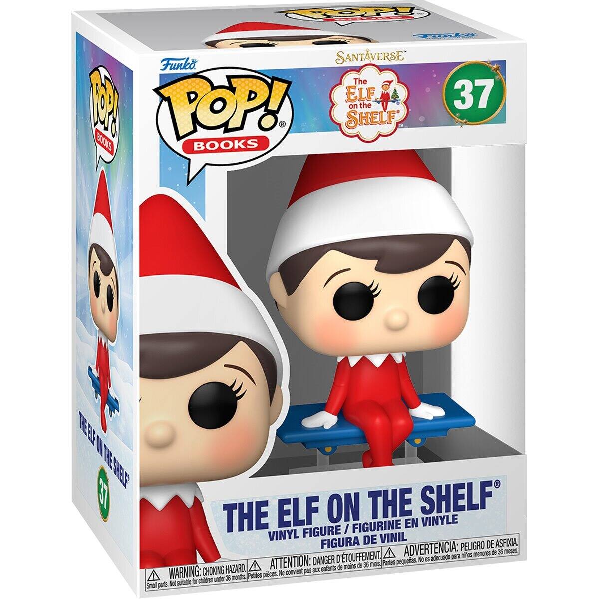 Sure, here is the corrected and grouped text from the image:

---

**Funko POP! Books**

**SANTAVVERSE**

**The ELF on the SHELF**

**37**

**THE ELF ON THE SHELF®**

**VINYL FIGURE / FIGURINE EN VINYLE / FIGURA DE VINIL**

**WARNING: CHOKING HAZARD. Small parts. Not suitable for children under 36 months.**

**ATTENTION: PELIGRO DE ASFIXIA. Piezas pequeñas. No conviene para niños menores de 36 meses.**

**ADVERTENCIA: DANGER D'ETOUFFEMENT. Petites pièces. Ne convient pas aux enfants de moins de 36 mois.**

---