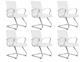 LeisureMod - Set of 6 Benmar Modern Leather Upholstered Office Computer Chair with Chrome Frame and Sled Base for Home or Office - White