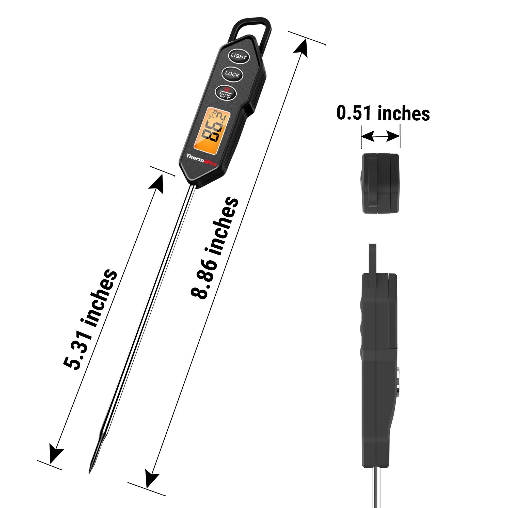 The image shows a thermometer with a black handle, which is 8.86 inches long. The thermometer also has a black probe that is 5.31 inches long. The image is a close-up of the thermometer, and the thermometer is placed on a white background.