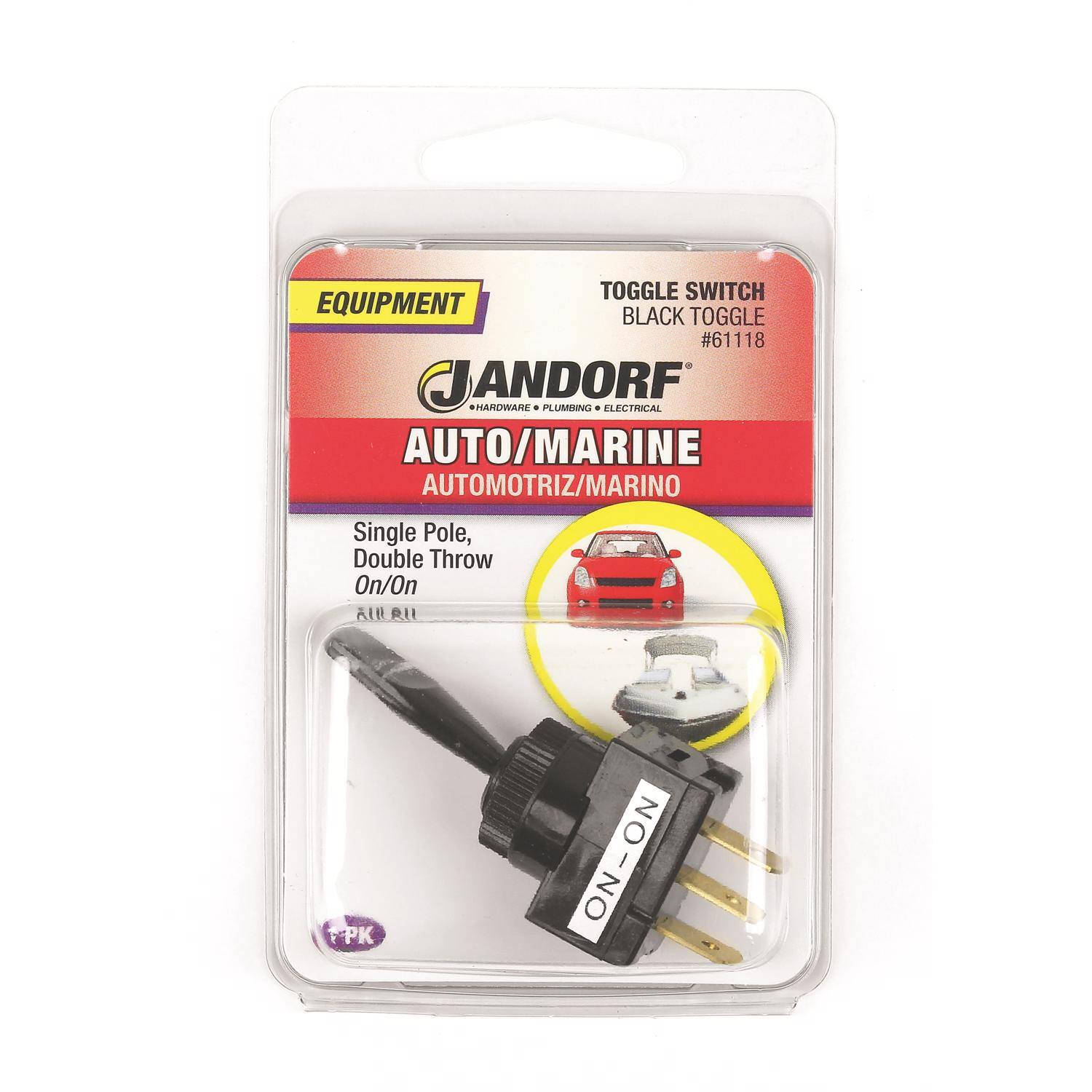 TOGGLE SWITCH  
BLACK TOGGLE  
#61118  

JANDORF  
HARDWARE • PLUMBING • ELECTRICAL  

AUTO/MARINE  
AUTOMOTRIZ/MARINO  

Single Pole, Double Throw On/On  

NO-NO NO  

EQUIPMENT  

PK