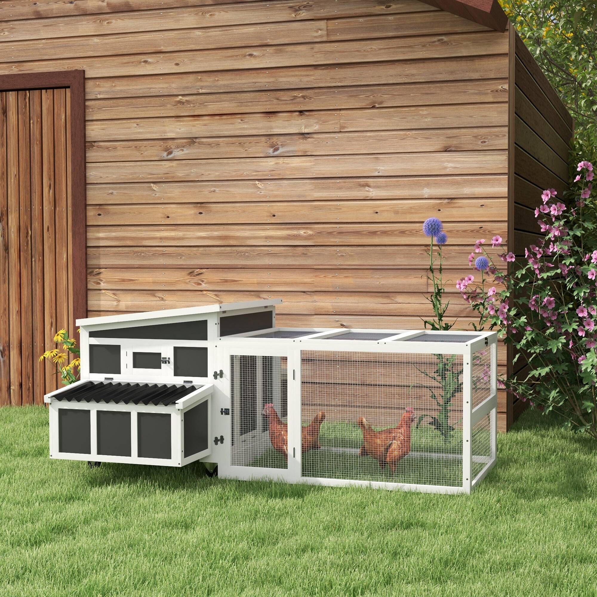 Angle. Pawhut - Wooden Chicken Coop, Chicken Tractor with Large Run, Outdoor Poultry Cage, Nesting Box, Tray, Windows.