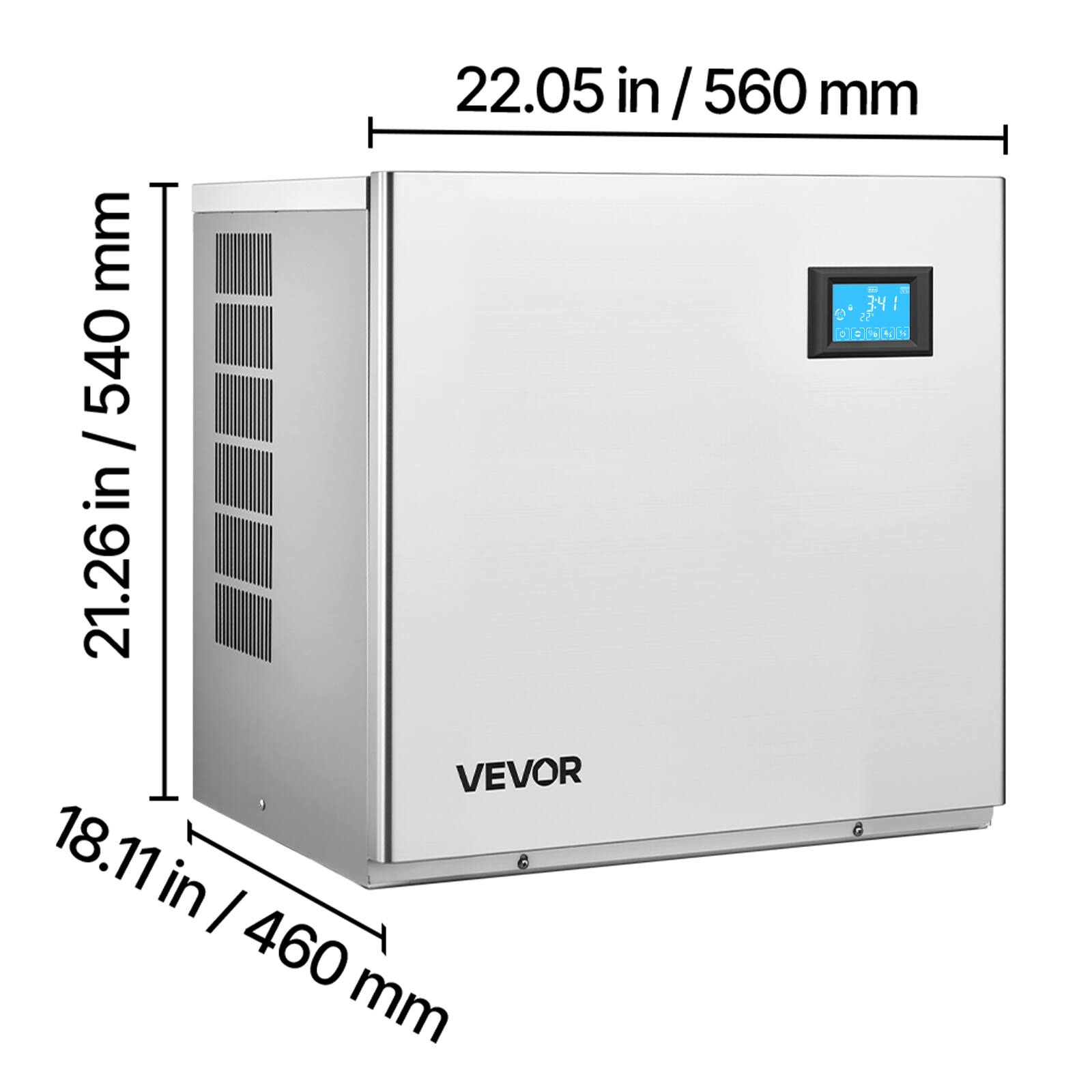 22.05 in / 560 mm  
21.26 in / 540 mm  
18.11 in / 460 mm  

VEVOR