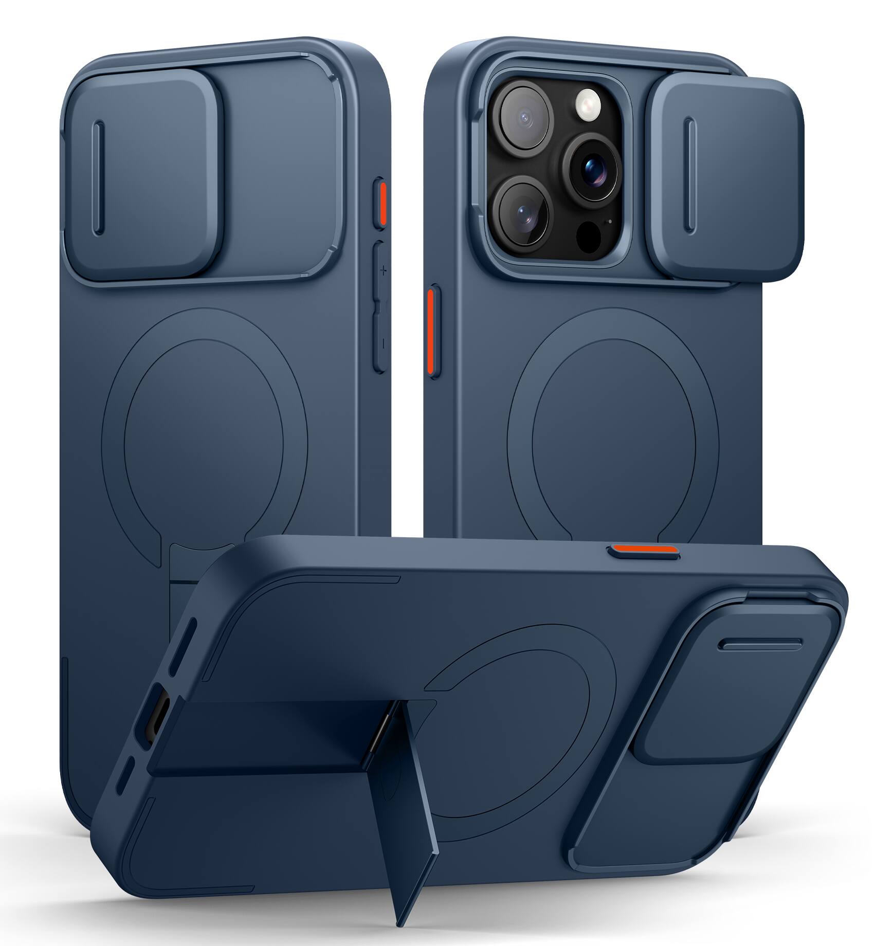Angle. SURITCH - Bumper Case for iPhone 15 Pro Max with Camera Cover, Kickstand,Compatible with MagSafe, Shockproof Slim Protective Cover - Deep Blue.