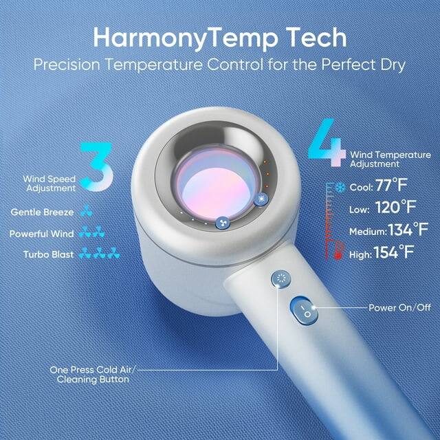 HarmonyTemp Tech Precision Temperature Control for the Perfect Dry

Wind Adjustment
3
Gentle Breeze
Powerful Wind
Turbo Blast

Wind Temperature Adjustment
4
Cool: 77F
Low: 120F
Medium: 134F
High: 154F

Power On/Off
One Press Cold Air Cleaning Button