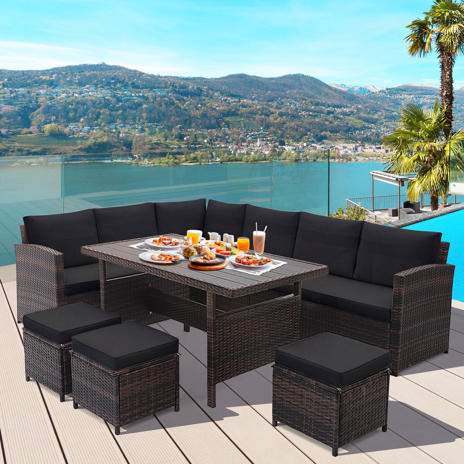Alt View 3. Costway - Costway 7 PCS Patio Furniture Set Rattan Sectional Conversation Sofa Coffee Table Porch - Black.