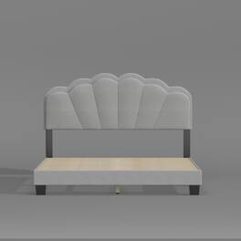 Famapy - Upholstered Bed Frame: LED - Lit Shell Headboard & Reinforced Support - Gray