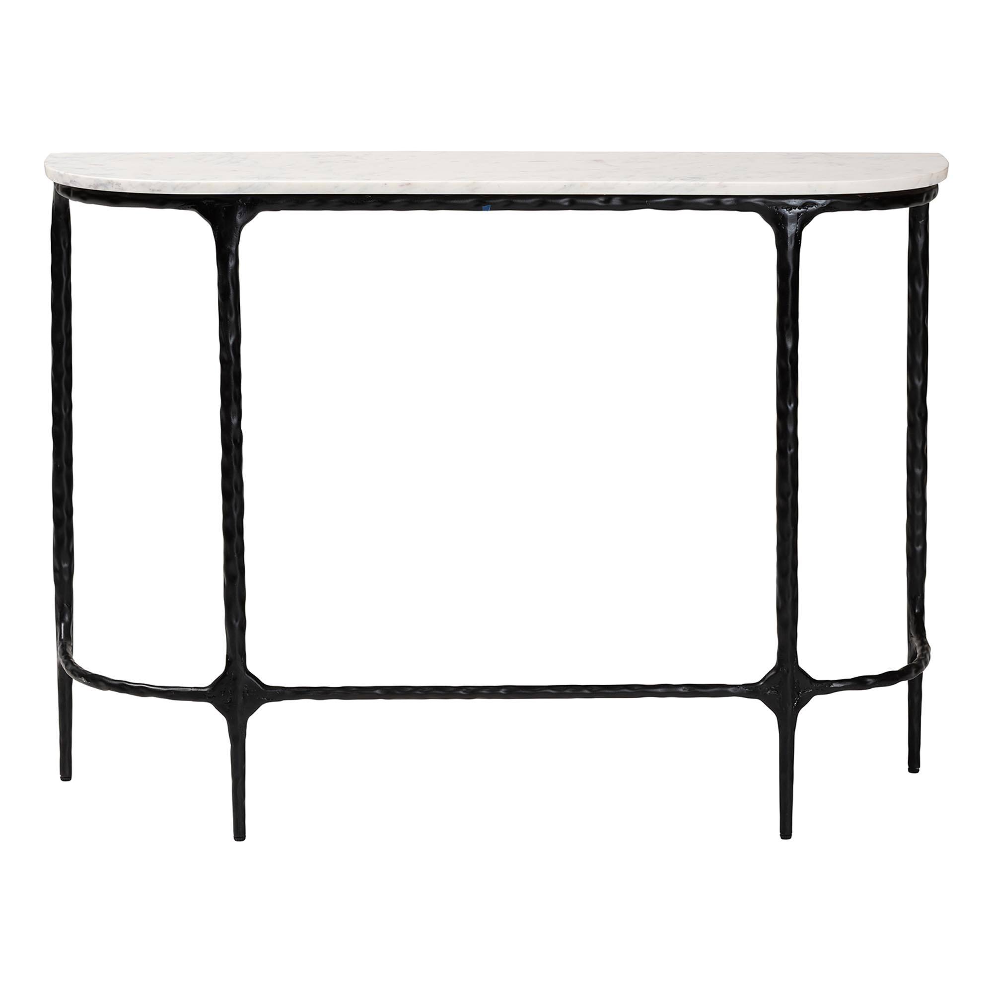 Angle. Baxton Studio - Edsel Marble Console Table - Modern Rustic Accent Table with Hand-Forged Metal Frame, Rounded - Marble White/Black.