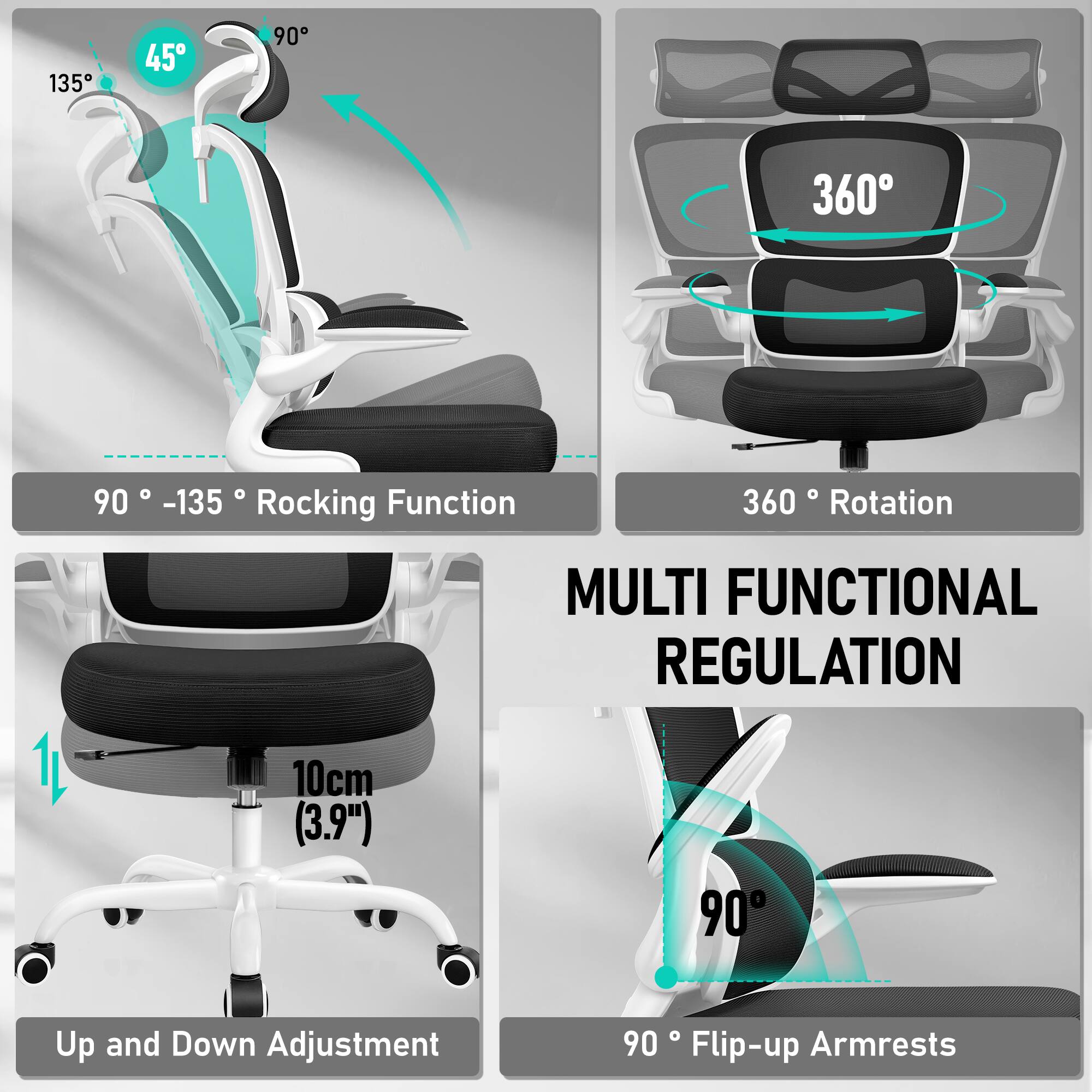 **MULTI FUNCTIONAL REGULATION**

- **90° - 135° Rocking Function**
- **360° Rotation**
- **Up and Down Adjustment (10cm / 3.9")**
- **90° Flip-up Armrests**
