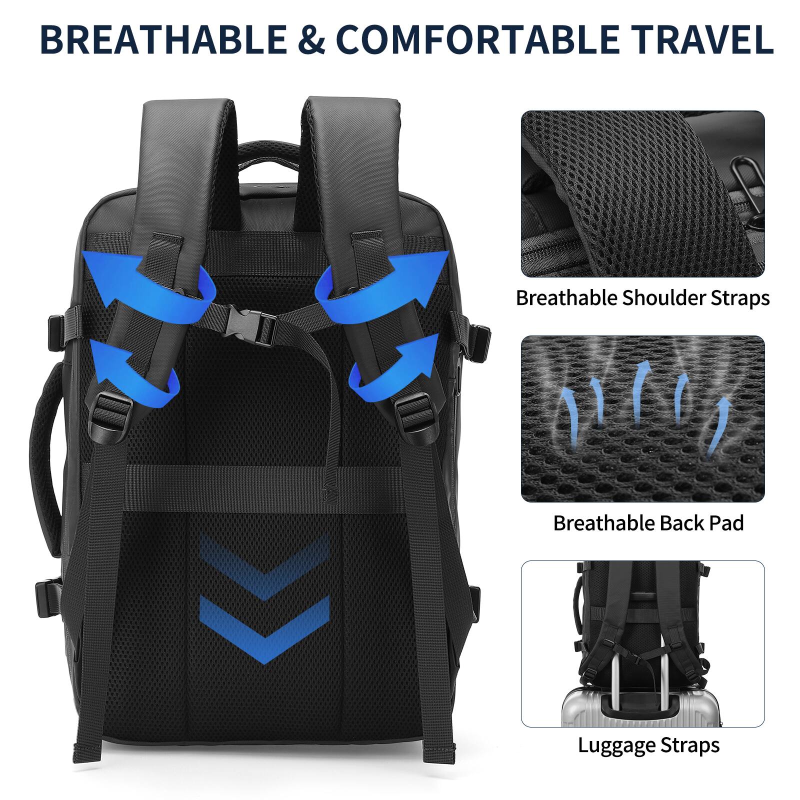 BREATHABLE & COMFORTABLE TRAVEL

- Breathable Shoulder Straps
- Breathable Back Pad
- Luggage Straps