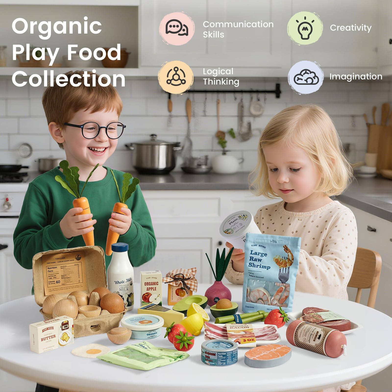Organic Play Food Collection

Communication Skills
Logical Thinking
Creativity
Imagination

ENTUNO Nutrition facts
Calories so
Whole ear. MILK
150 ORGANIC APPLE
Plain alse SINY scour Large Raw Shrimp MiliCal
BUTTER
GROANS
CAL
SHAMPIO BAOWN PRISIDAD BACON 3 OZ