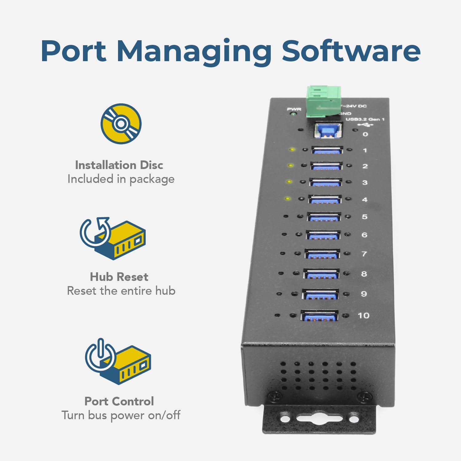 Port Managing Software

- PWR -24V DC
- USB3.2 Gen 1

1. Installation Disc
   - Included in package

2. Hub Reset
   - Reset the entire hub

3. Port Control
   - Turn bus power on/off