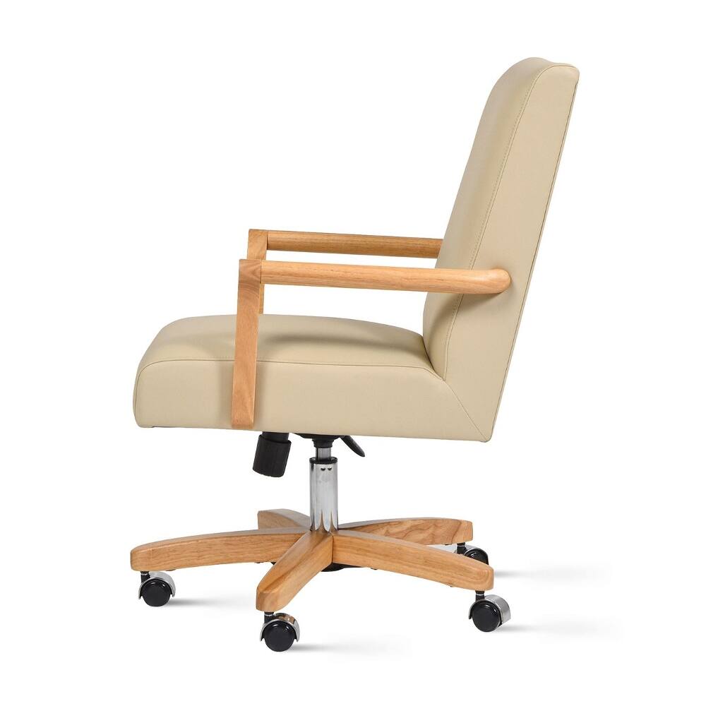Alt View 1. Loheer - Loheer Farmhouse Office Chair, Cream Beige Leather High Back Executive Desk Chair with Wood Swivel Base - Cream Beige.