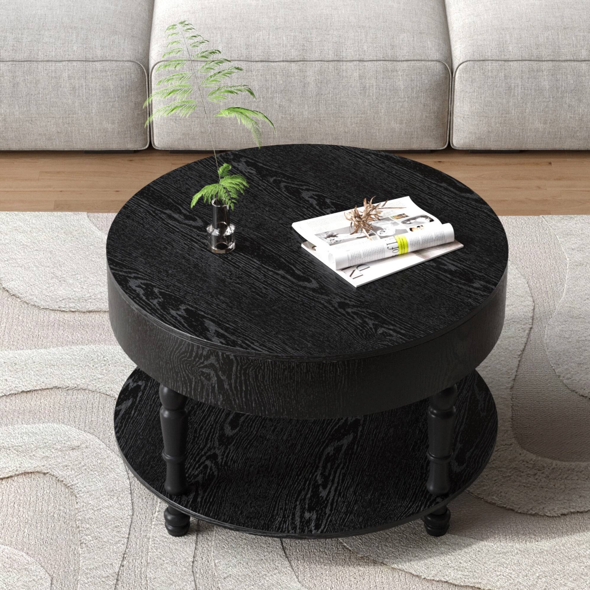 Alt View 1. Lirago - 32" Modern Round Coffee Table Black with Dual Storage Hidden Compartment Adjustable Leveling Feet - Black.