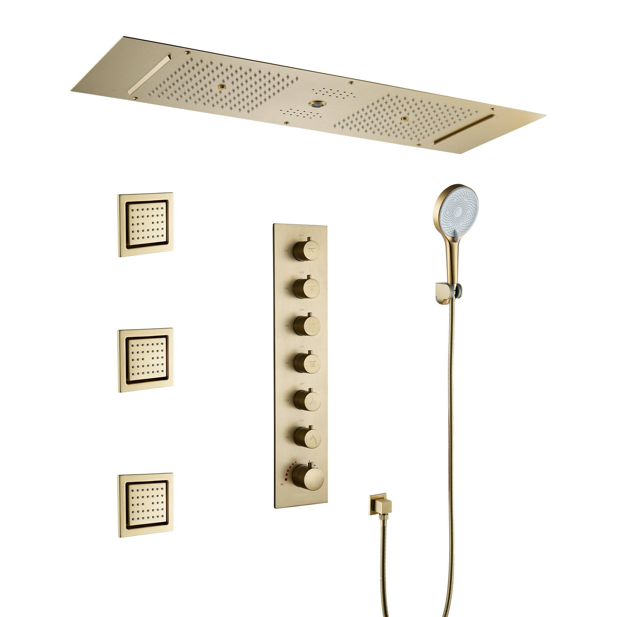 Front. Boyel Living - 4-Spray Thermostatic Dual Shower Head Ceiling Mount Fixed and Handheld Shower Head 2.5GPM with Jet Spray in Brushed Gold - Brushed Gold.