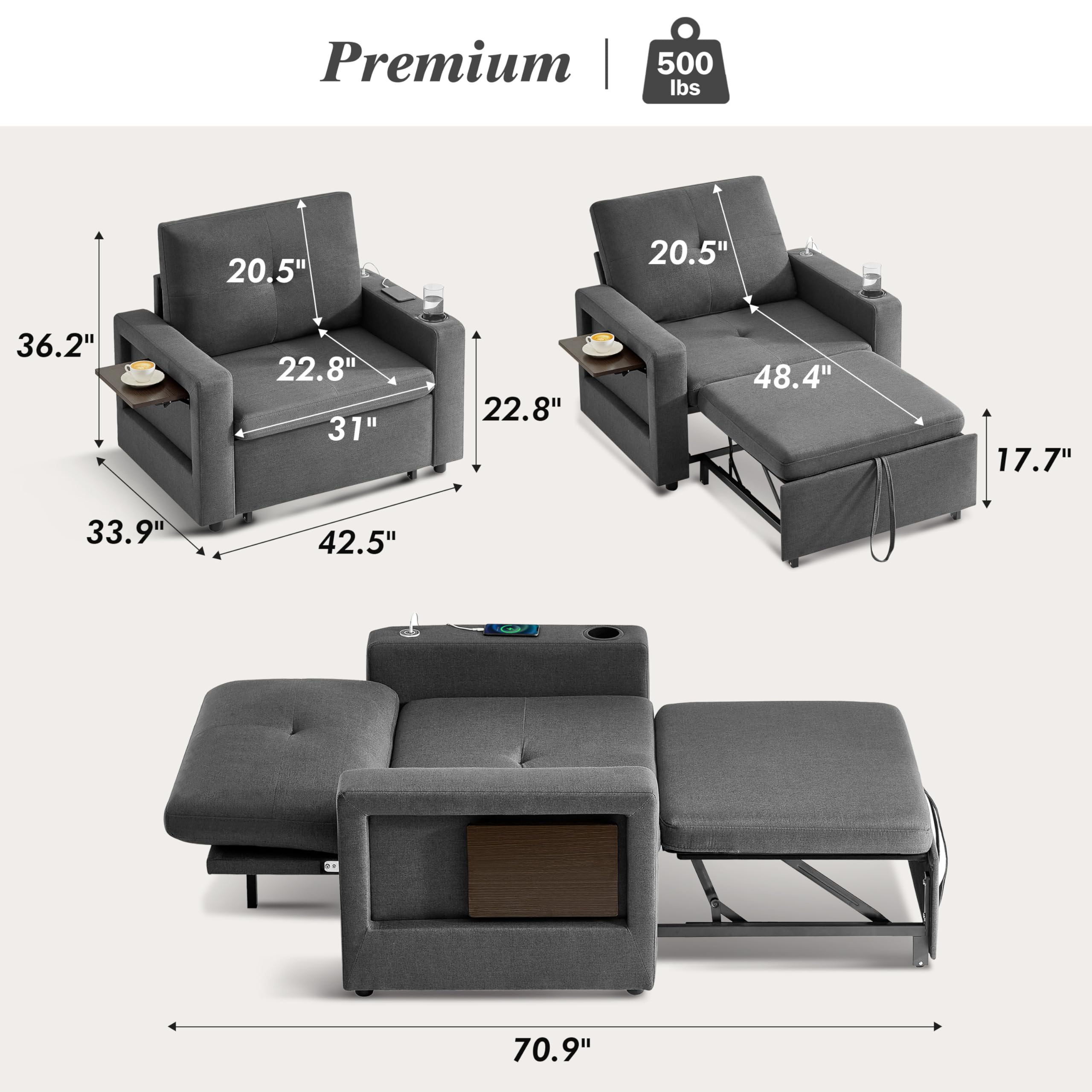 Premium  
500 lbs  

20.5"  
20.5"  
36.2"  
22.8"  
31"  
22.8"  
48.4"  
17.7"  
33.9"  
42.5"  
70.9"