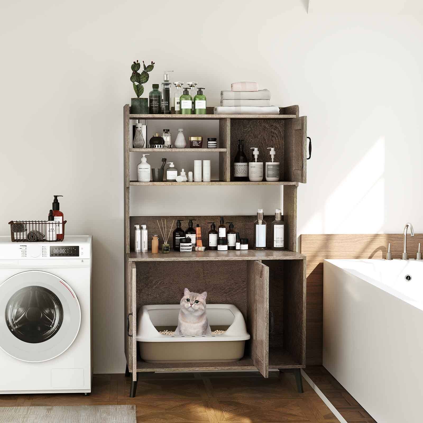 Alt View 4. Gymax - Gymax Large Cat Litter Box Enclosure w/ Display Storage Shelves Hidden Cat Furniture Oak - Oak.