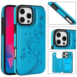Dteck - For Apple iPhone 16 Pro Wallet Case Flower Embossed Pattern PU Leather Card Slots Flip Kickstand Shockproof Cover - Blue