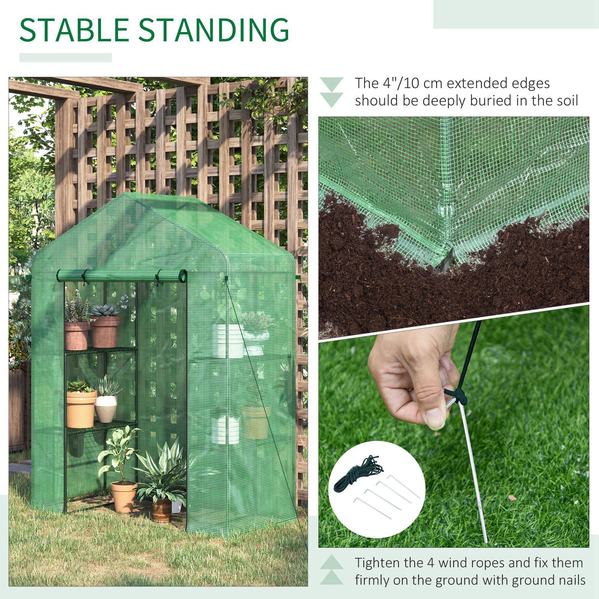 STABLE STANDING

The 4"/10 cm extended edges should be deeply buried in the soil

Tighten the 4 wind ropes and fix them firmly on the ground with ground nails