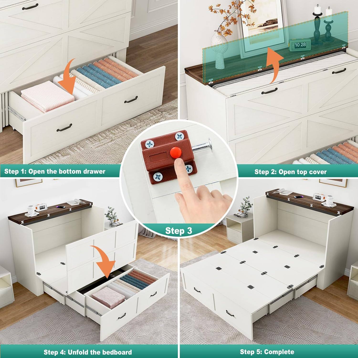 10 28 Step 1: Open the bottom drawer  
Step 2: Open top cover  
Step 3:  
Step 4: Unfold the bedboard  
Step 5: Complete