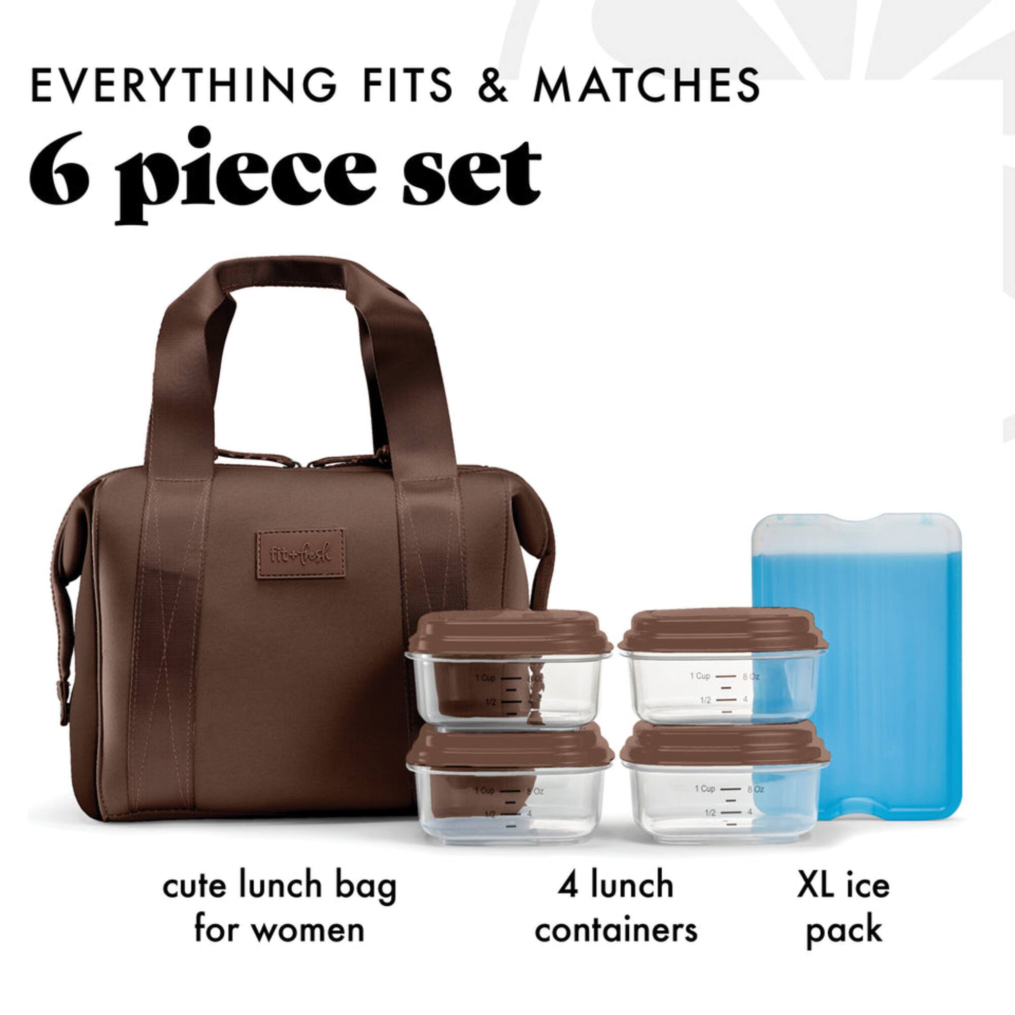 EVERYTHING FITS & MATCHES  
6 piece set  

cute lunch bag for women  
4 lunch containers  
XL ice pack