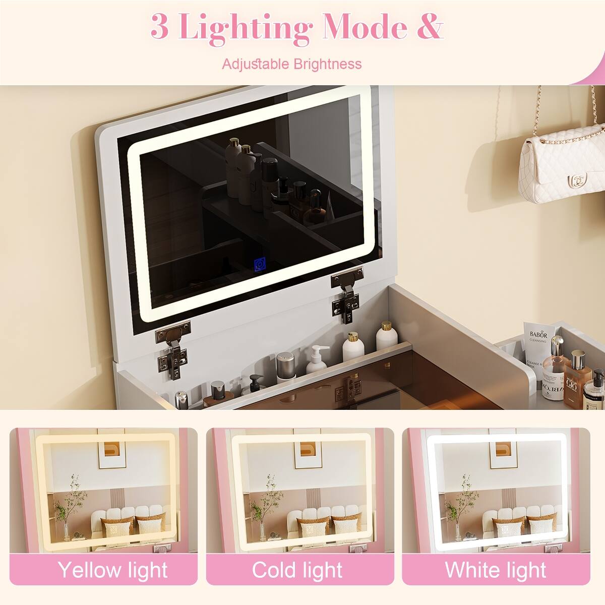 3 Lighting Mode & Adjustable Brightness

Yellow light
Cold light
White light