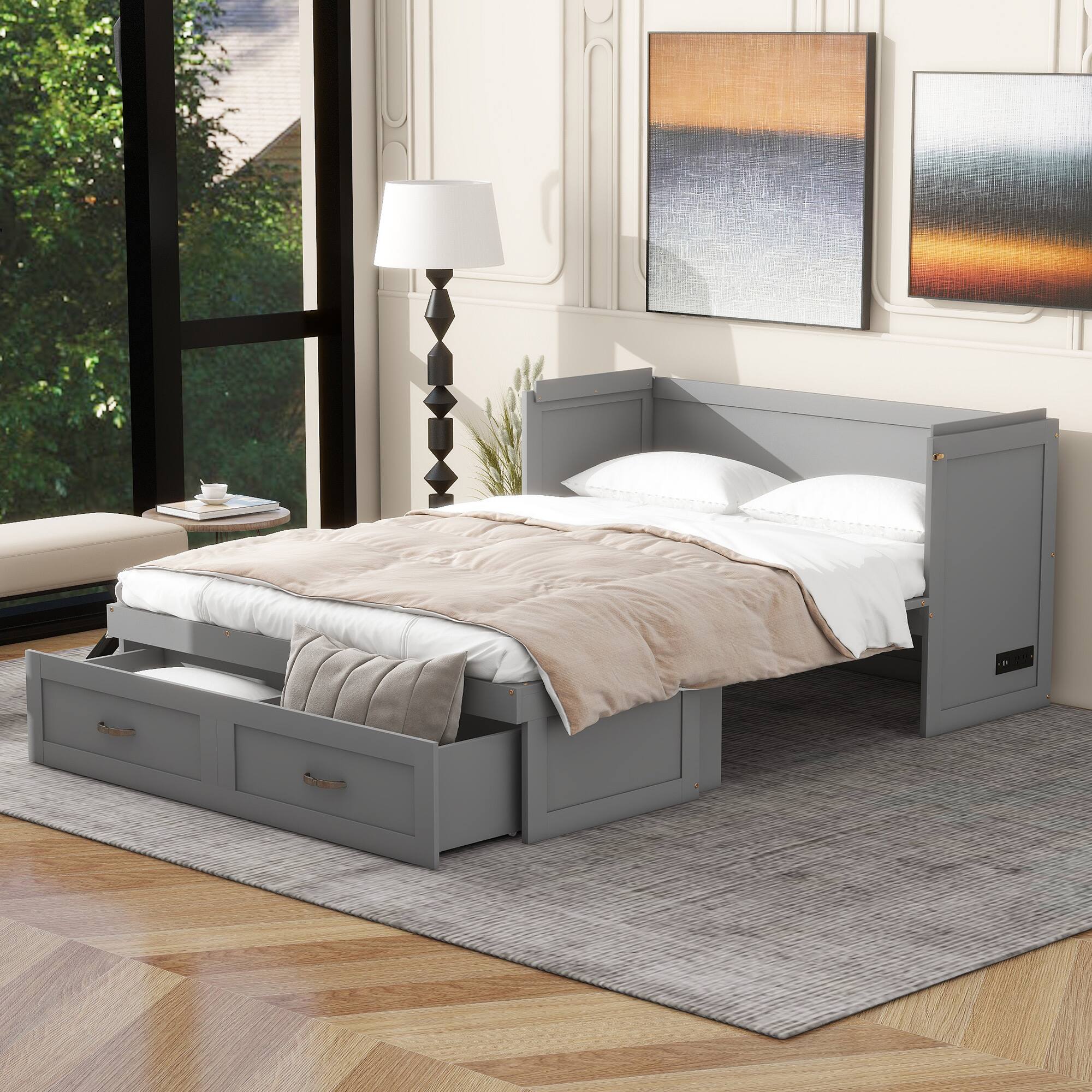 Angle. Tiramisubest - Full Size Gray Murphy Bed with USB Ports, Drawers & Metal Handles, Solid Wood + MDF - Gray.