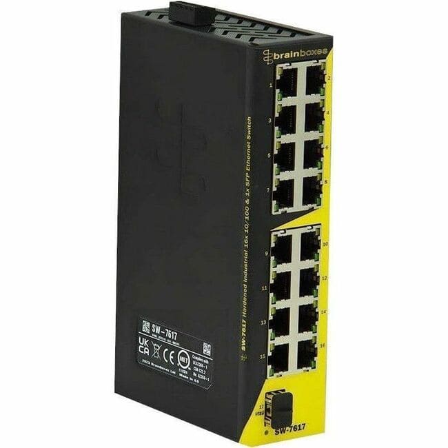 Brainboxes - SW-7617 Ethernet Switch - 16 Ports - Fast Ethernet, Gigabit Ethernet - 10/100Base-T, 1000Base-X - 2 Layer - Black