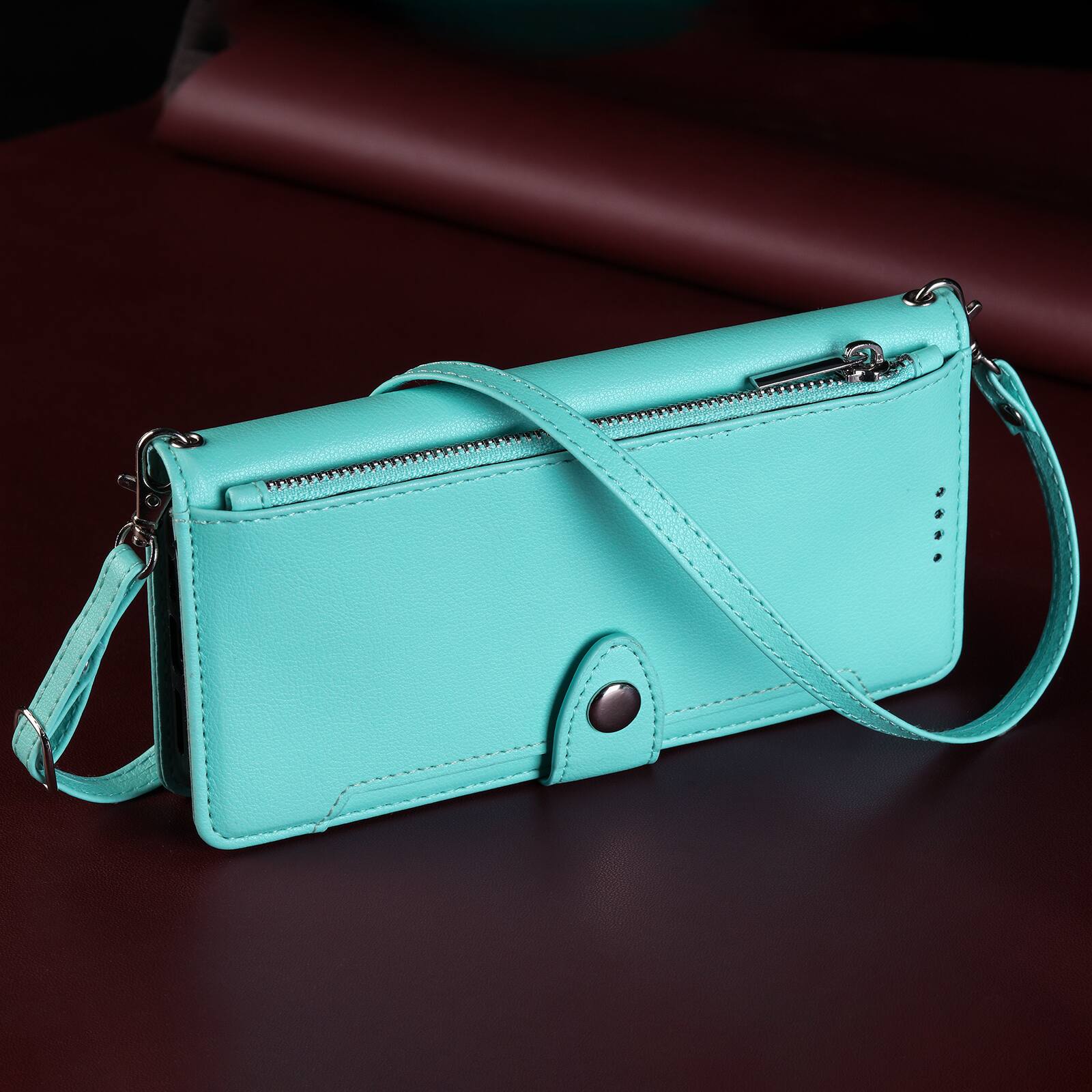 Left. Dteck - Wallet Case for Samsung Galaxy S25 FE Crossbody Premium Leather Flip Kickstand Zipper Card Slot Cover With Strap+Lanyard - Mint.
