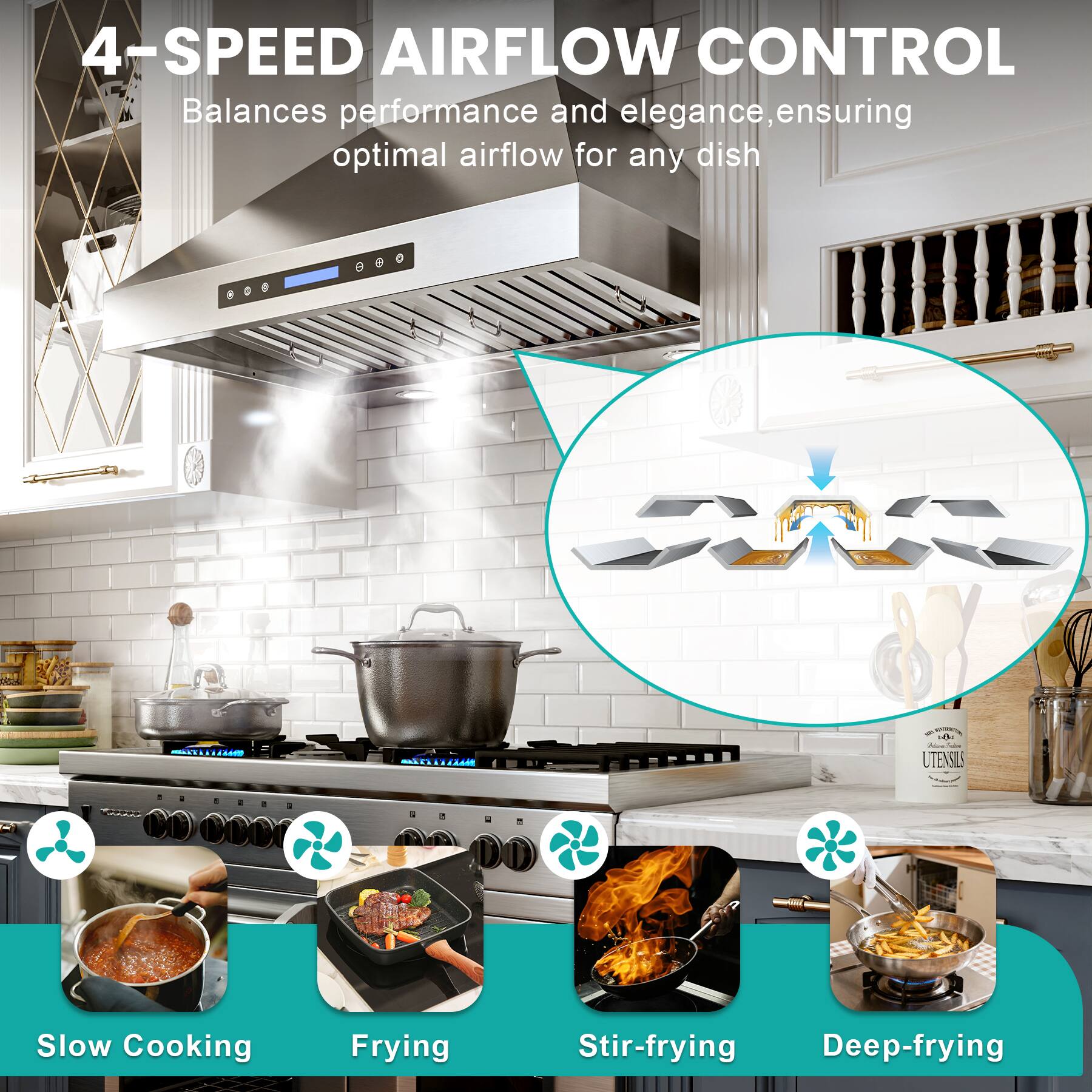 4-SPEED AIRFLOW CONTROL  
Balances performance and elegance, ensuring optimal airflow for any dish  

- UTENSILS  
  1 4  

- DO  
  Slow Cooking  
  Frying  
  Stir-frying  
  Deep-frying