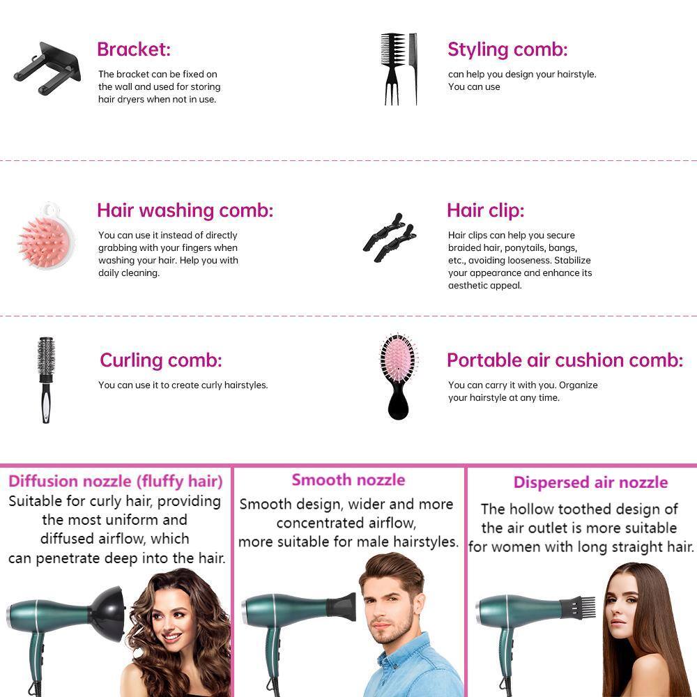 **Bracket:**
The bracket can be fixed on the wall and used for storing hair dryers when not in use.

**Styling comb:**
can help you design your hairstyle. You can use

**Hair washing comb:**
You can use it instead of directly grabbing with your fingers when washing your hair. Help you with daily cleaning.

**Hair clip:**
Hair clips can help you secure braided hair, ponytails, bangs, etc., avoiding looseness. Stabilize your appearance and enhance its aesthetic appeal.

**Curling comb:**
You can use it to create curly hairstyles.

**Portable air cushion comb:**
You can carry it with you. Organize your hairstyle at any time.

**Diffusion nozzle (fluffy hair):**
Suitable for curly hair, providing the most uniform and diffused airflow, which can penetrate deep into the hair.

**Smooth nozzle:**
Smooth design, wider and more concentrated airflow, which is more suitable for male hairstyles.

**Dispersed air nozzle:**
The hollow toothed design of the air outlet is more suitable for women with long straight hair.