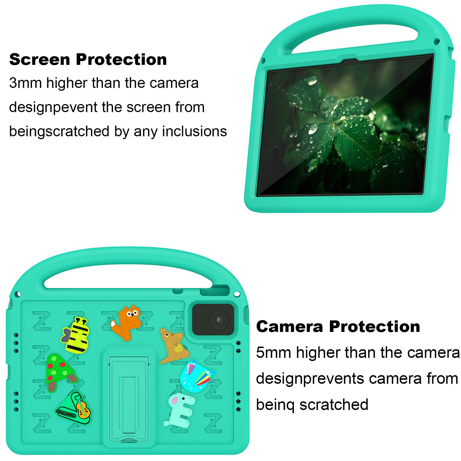 Screen Protection  
3mm higher than the camera design prevents the screen from being scratched by any inclusions

Camera Protection  
5mm higher than the camera design prevents camera from being scratched