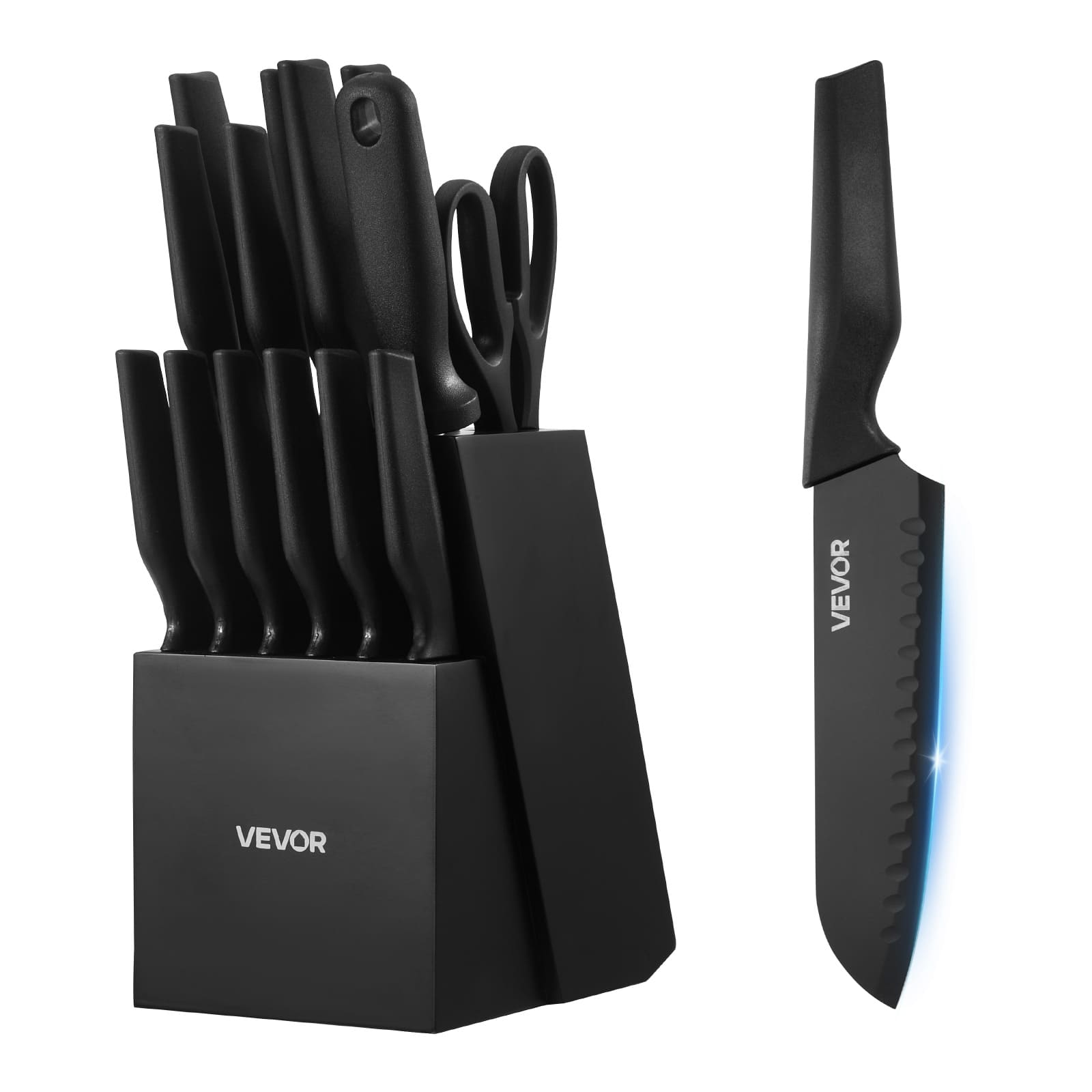 VEVOR - Kitchen Knife Set with Block and Sharpener, 15 Piece German High Carbon Stainless Steel Knife Set, Kitchen Cutlery - Black