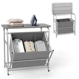 Gymax - 3-Section Laundry Sorter w/ Foldable Ironing Board w/ 3 Removable Bags - Gray