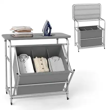 Front. Gymax - Gymax 3-Section Laundry Sorter w/ Foldable Ironing Board w/ 3 Removable Bags - Gray.