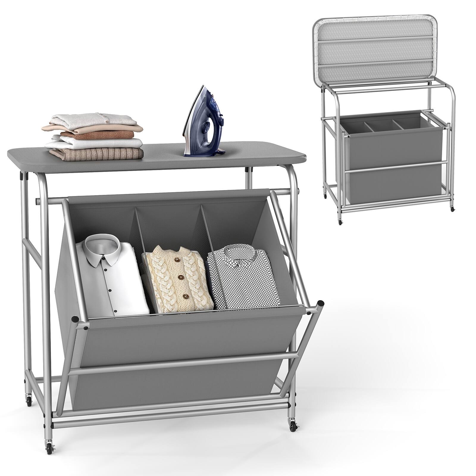Gymax - 3-Section Laundry Sorter w/ Foldable Ironing Board w/ 3 Removable Bags - Gray