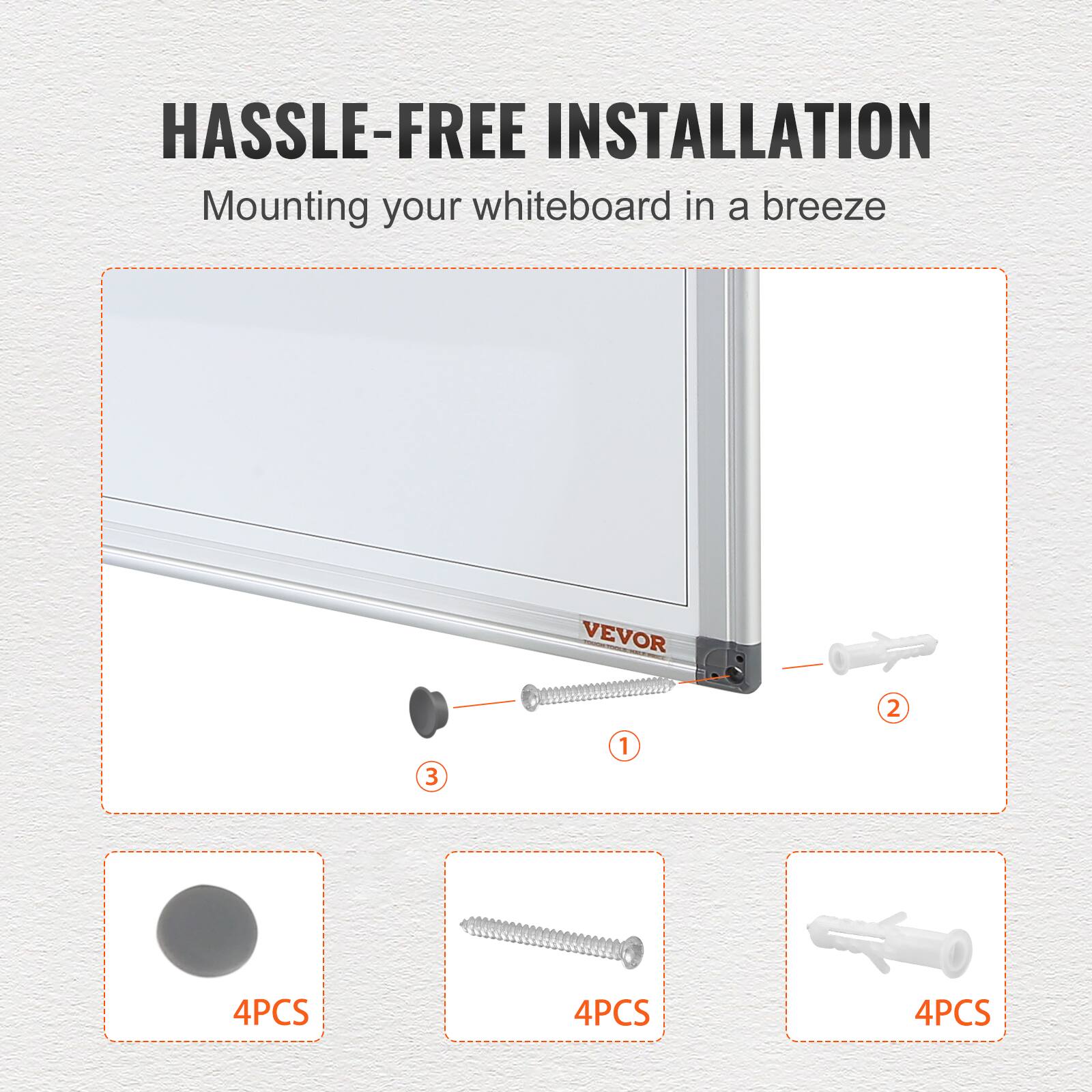 HASSLE-FREE INSTALLATION Mounting your whiteboard in a breeze VEVOR 2 3 1 4PCS 4PCS 4PCS