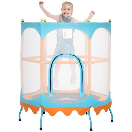 Front. Qaba - Trampoline, 4.6FT Mini Trampoline, Handlebar, Safety Enclosure Net, Indoor Outdoor, Birthday Gifts - Orange.