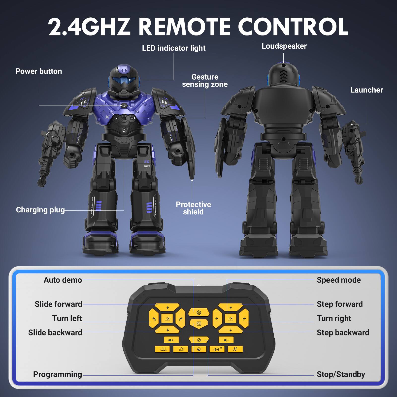 2.4GHz Remote Control

- LED indicator light
- Power button
- Gesture sensing zone
- Loudspeaker
- Launcher
- Charging plug
- Protective shield

Auto demo:
- Slide forward
- Turn left
- Slide backward

Speed mode:
- Step forward
- Turn right
- Step backward

Programming
Stop/Standby