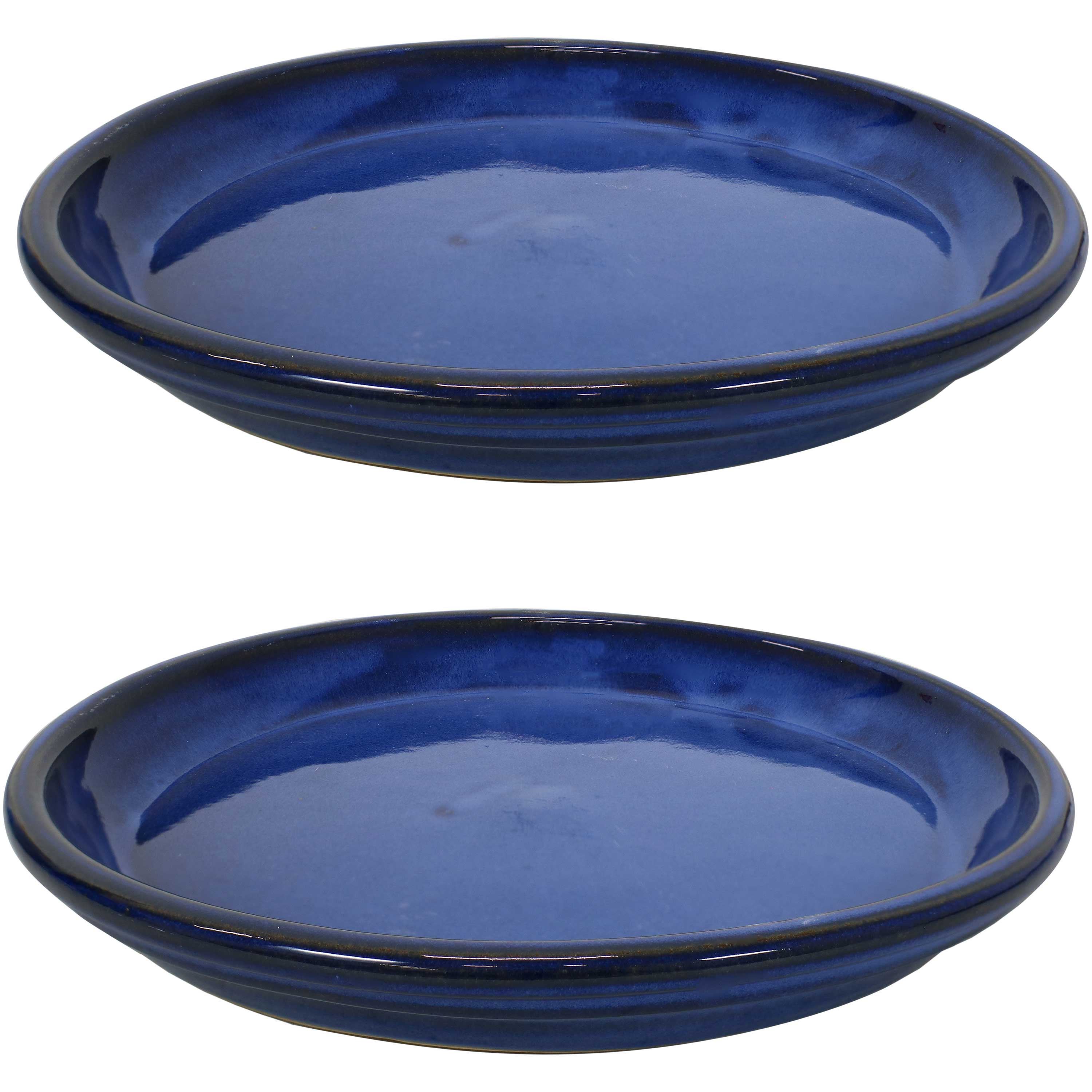 Sunnydaze - 12 in Glazed Ceramic Flower Pot/Plant Saucer - Set of 2 - Imperial Blue