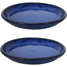 Sunnydaze - 12 in Glazed Ceramic Flower Pot/Plant Saucer - Set of 2 - Imperial Blue