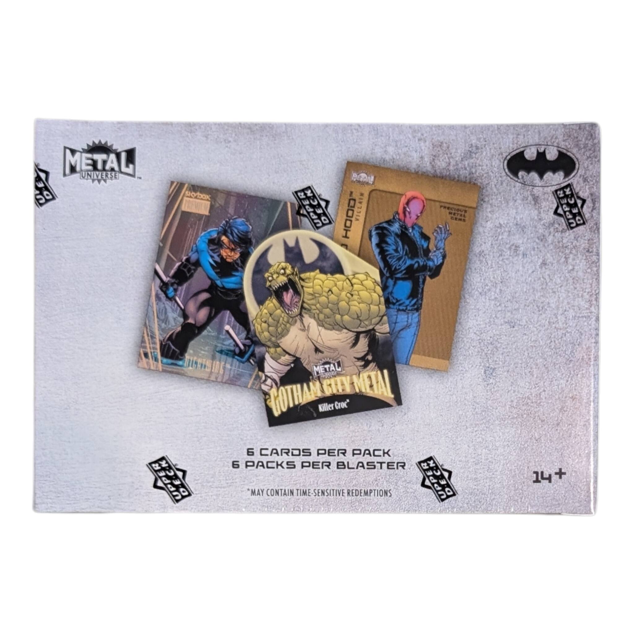 METAL UNIVERSE SYBOK UPPER .OOOH VILLAIN  
MTL S DEER UPPER METAL GOTHAM COTHANIGEY-METAL GIY METAL Killer Croc  
6 CARDS PER PACK 6 PACKS PER BLASTER  
MAY CONTAIN TIME SENSITIVE REDEMPTIONS  
UPPER 14+