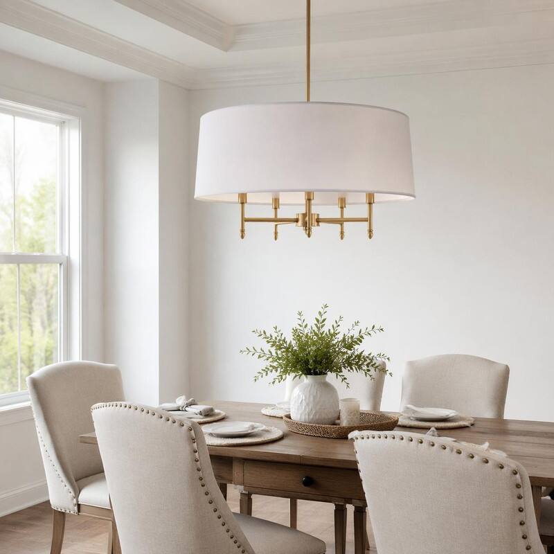 Left. RYHNUYNE - 5-Light Modern Drum Pendant Light,Gold Chandelier with White Linen Shade for Dining Room Kitchen Island - Gold.
