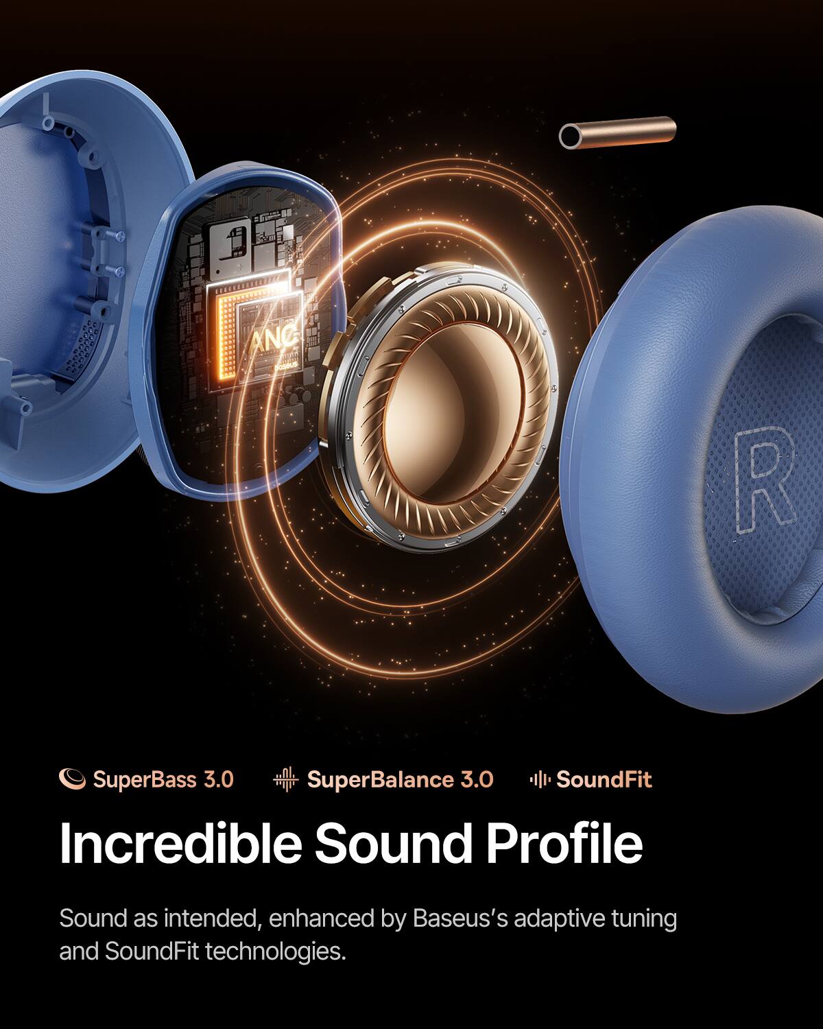 I ANC PoseUE 2 + I R SuperBass 3.0 SuperBalance 3.0 SoundFit Incredible Sound Profile Sound as intended, enhanced by Baseus's adaptive tuning and SoundFit technologies.