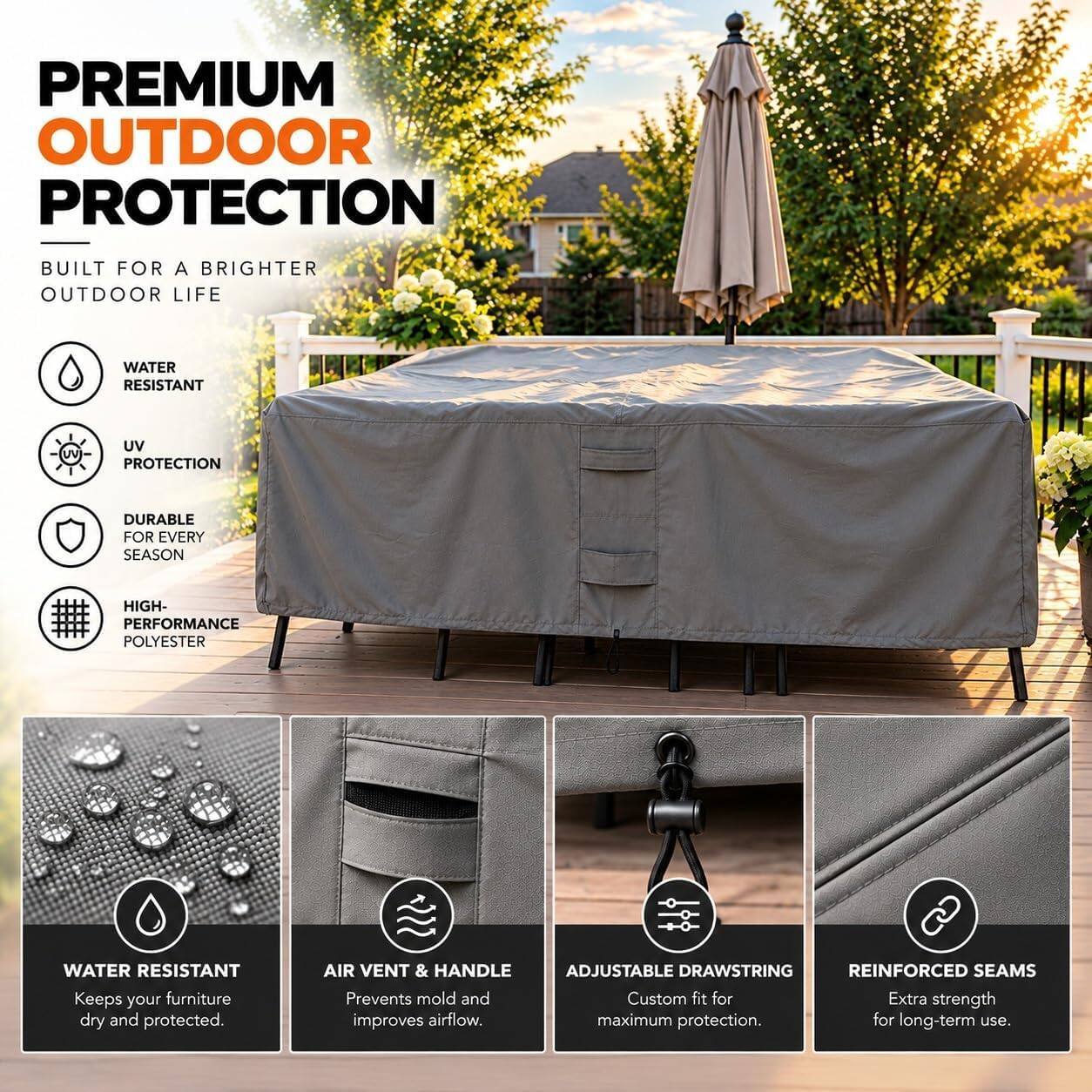 PREMIUM OUTDOOR PROTECTION  
BUILT FOR A BRIGHTER OUTDOOR LIFE  

- WATER RESISTANT  
- UV PROTECTION  
- DURABLE FOR EVERY SEASON  
- HIGH-PERFORMANCE POLYESTER  

WATER RESISTANT  
Keeps your furniture dry and protected.  

AIR VENT & HANDLE  
Prevents mold and improves airflow.  

ADJUSTABLE DRAWSTRING  
Custom fit for maximum protection.  

REINFORCED SEAMS  
Extra strength for long-term use.