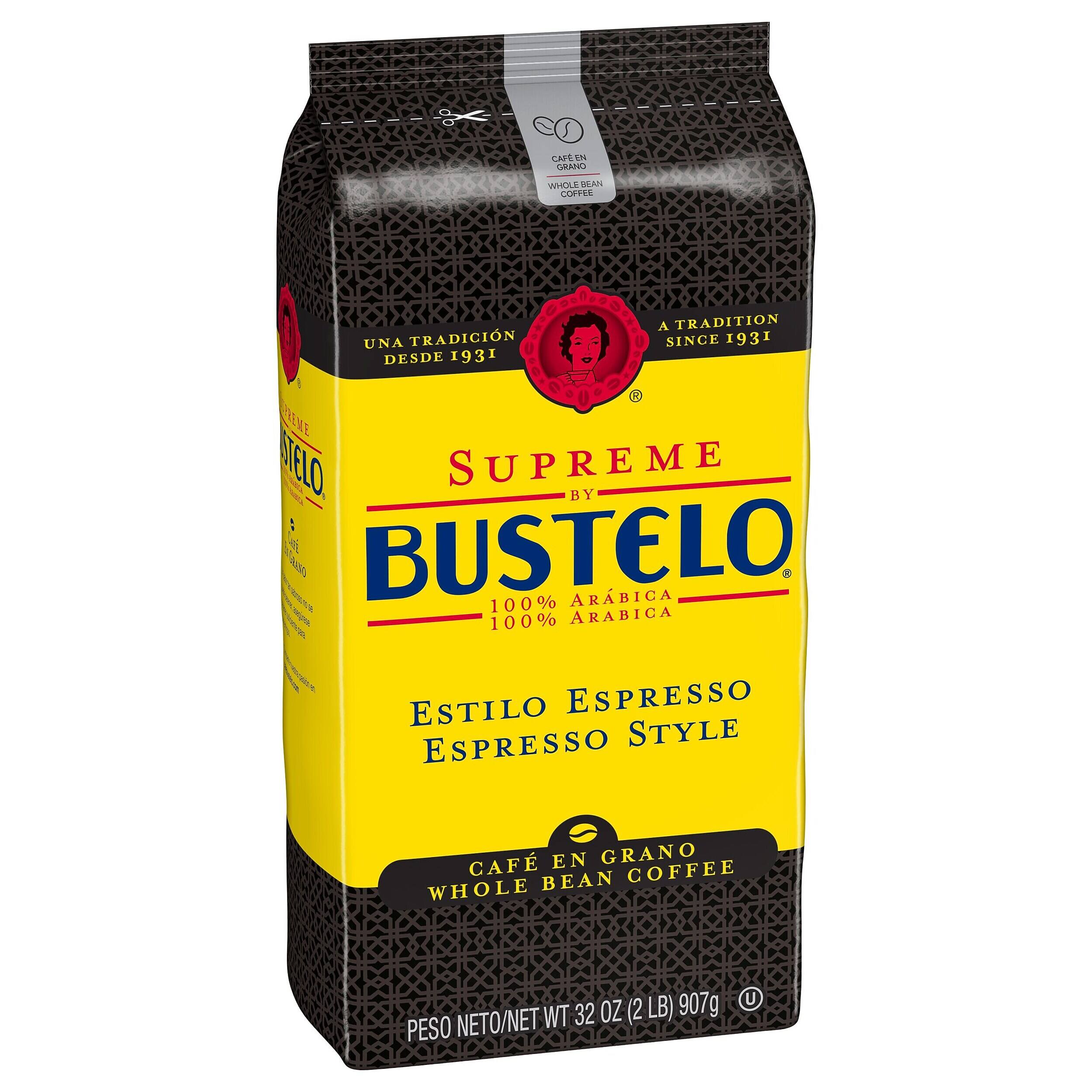 CAFE 1n CAR WHCLLL BEM COFFEE A TRADITION UNA TRADICIN SINCE 1931 DESDE 1931 /  RENE STELO SUPREME BY   BUSTELO d  100% ARBICA  100% ARABICA  ESTILO ESPRESSO ESPRESSO STYLE CAF EN GRANO BEAN COFFEE WHOLE WT 32 OZ (2 LB) 907g PESO NETO/NET