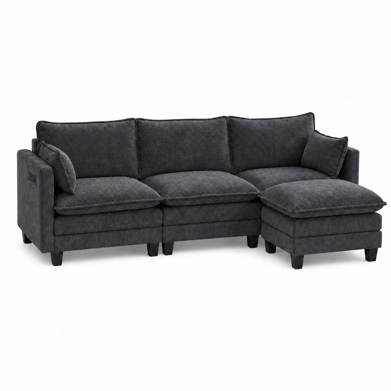 Anysun - Modern Chenille 3-Seat Couch with Matching Ottoman, Built-in USB Ports and Side Pockets - Black