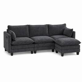 Anysun - Modern Chenille 3-Seat Couch with Matching Ottoman, Built-in USB Ports and Side Pockets - Black
